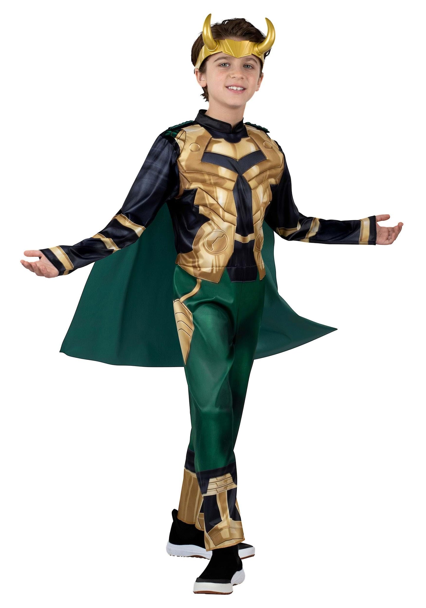 MARVEL Loki Youth Costume - Padded Jumpsuit with Detachable Cape and Plastic Headpiece Medium