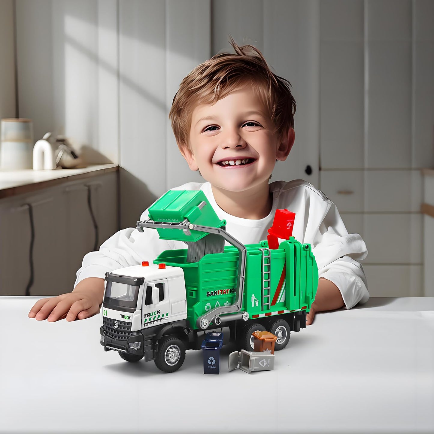 NOVAFUSION Garbage Truck Toys for Boys,Toy Garbage Truck Metal Diecast Cab,Pull Back Garbage Truck with Lights and Sounds,Front