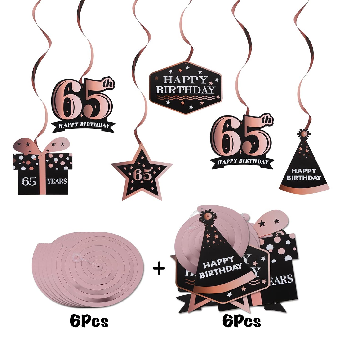 LINGTEER Happy 65th Birthday Rose Gold Swirls Streamers - Cheers to 65th Birthday 65 Years Old Bday Party Hanging Decorations.