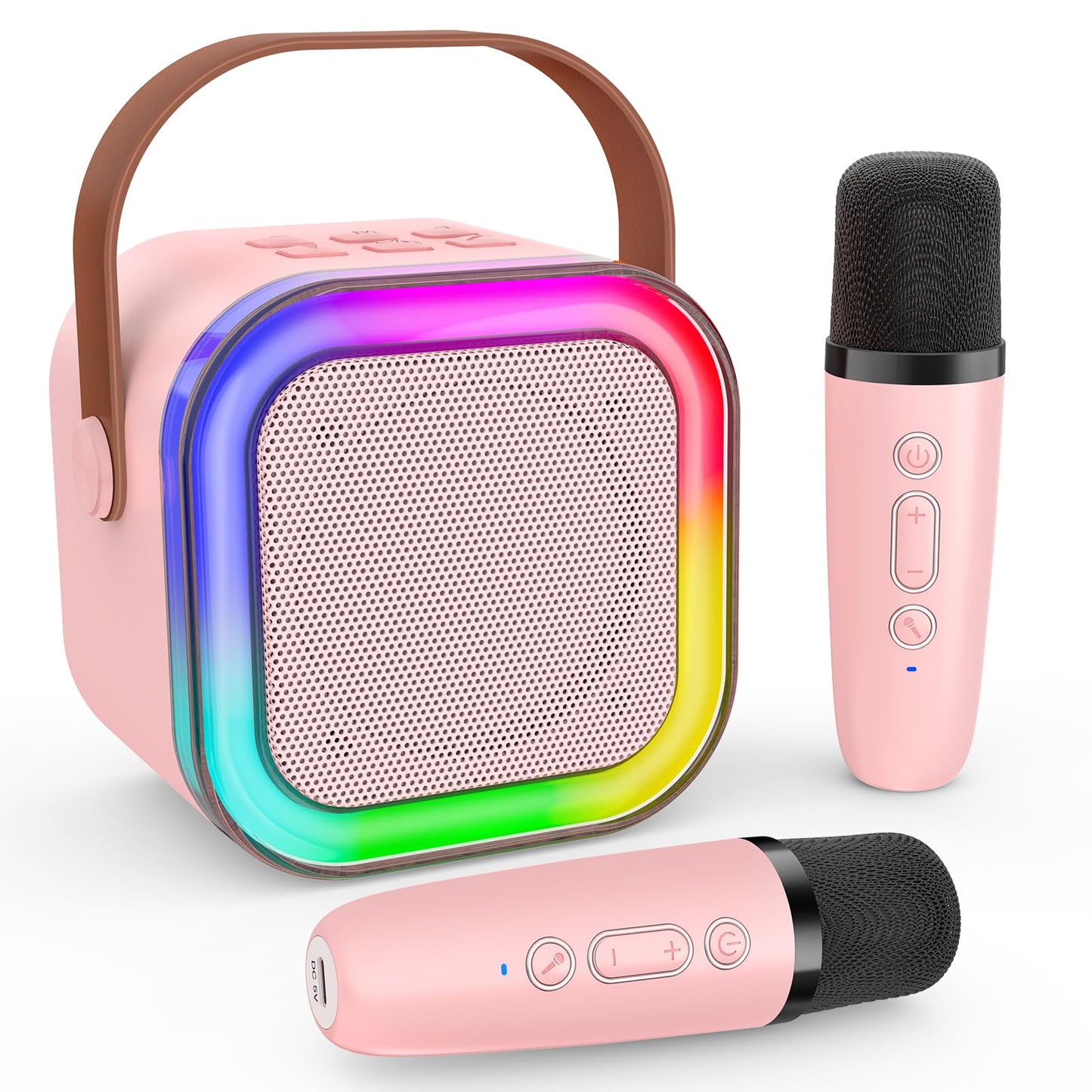 Mini Karaoke Machine for Kids, Haomuren Protable Bluetooth Speaker with 2 Wireless Microphone and LED Color Lights, Christmas Bi