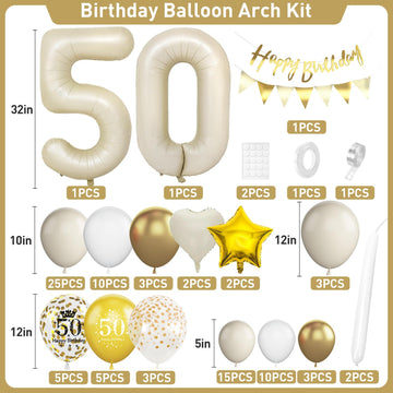 50Th Birthday Decorations Sand White Gold,50Th Birthday Balloon Arch Garland Kit With Happy 50Th Birthday Number 50 Foil Balloon