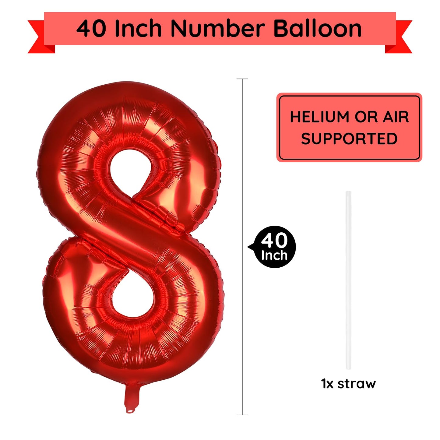 Paticool 40 Inch Red Number Balloon 8, Large Number Foil Balloons Mylar For Girl Boy Birthday Party Celebration Decorations Supp