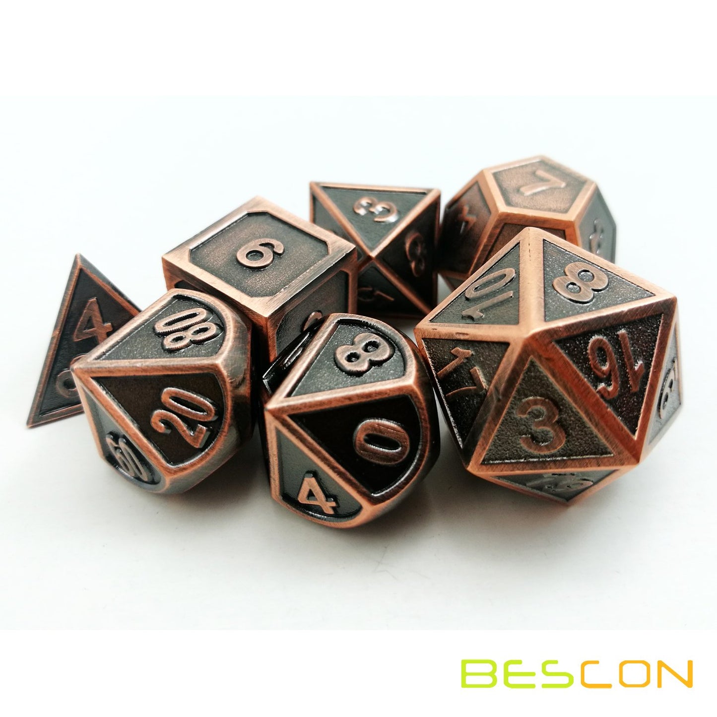 Bescon Antique Copper Solid Metal Polyhedral Dice Set of 7 Copper Metallic RPG Role Playing Game Dice 7pcs Set D4-D20