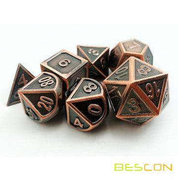Bescon Antique Copper Solid Metal Polyhedral Dice Set of 7 Copper Metallic RPG Role Playing Game Dice 7pcs Set D4-D20
