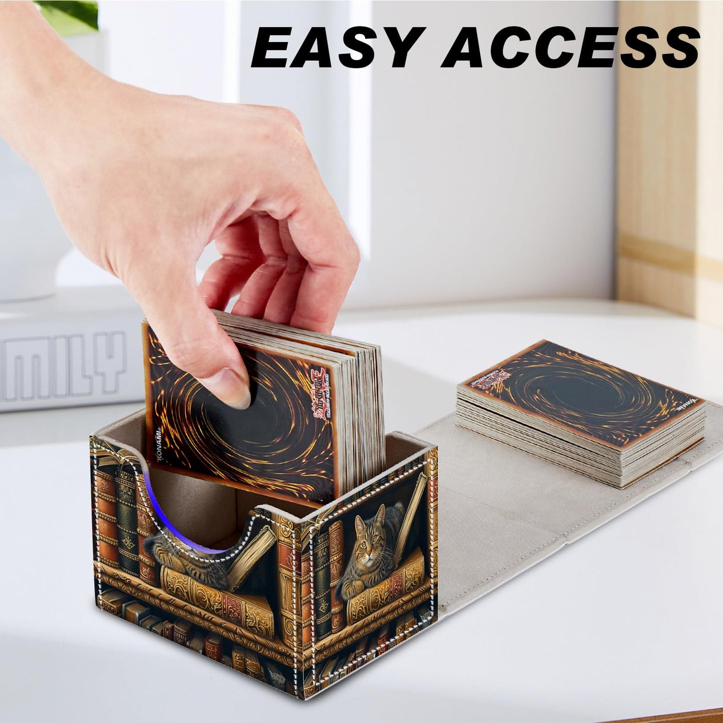 Card Game Storage Box for TCG Commander Deck Box MTG Card Box Organizer Trading Card Case TCG Card Storage Box Magnetic Closure Creative Pattern  Cat Books On Top Of Bookshelf
