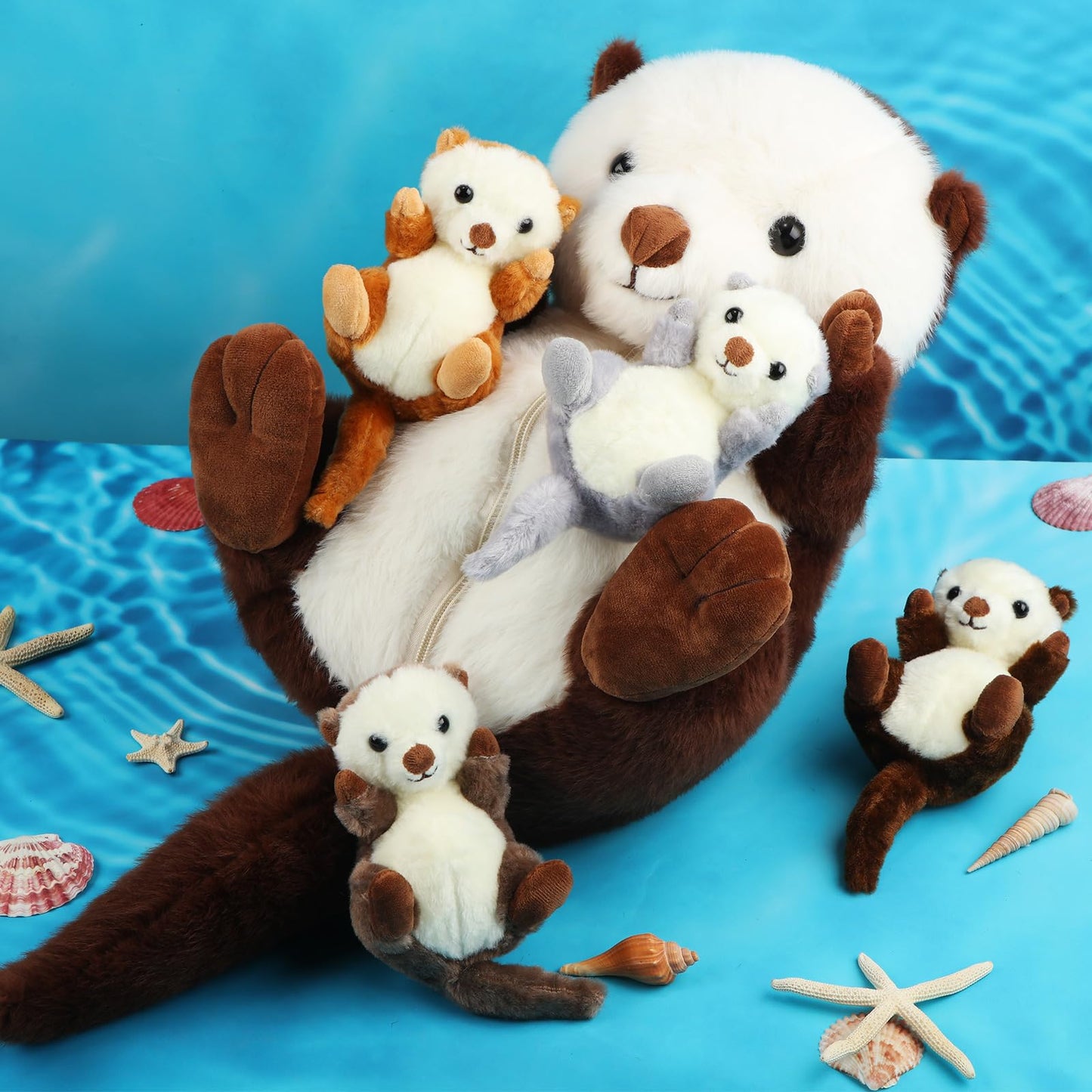 Shappy 5 Pcs Sea Otter Stuffed Animals Large Mommy Sea Otter Stuffy Plush With 4 Cute Babies In Her Zippered Belly Soft Cuddly Plushies For Boys Girls Birthday Gifts Ocean Party Decors(Brown)