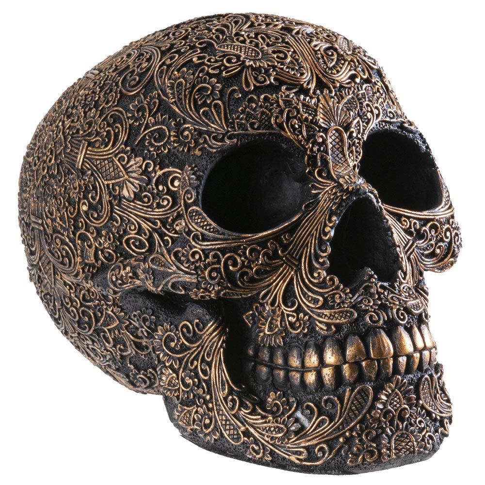 Summit Collection Black Carved Ceremonial Skull With Gothic Motif Design Skull Figurine Collectible 6.75 Inch L