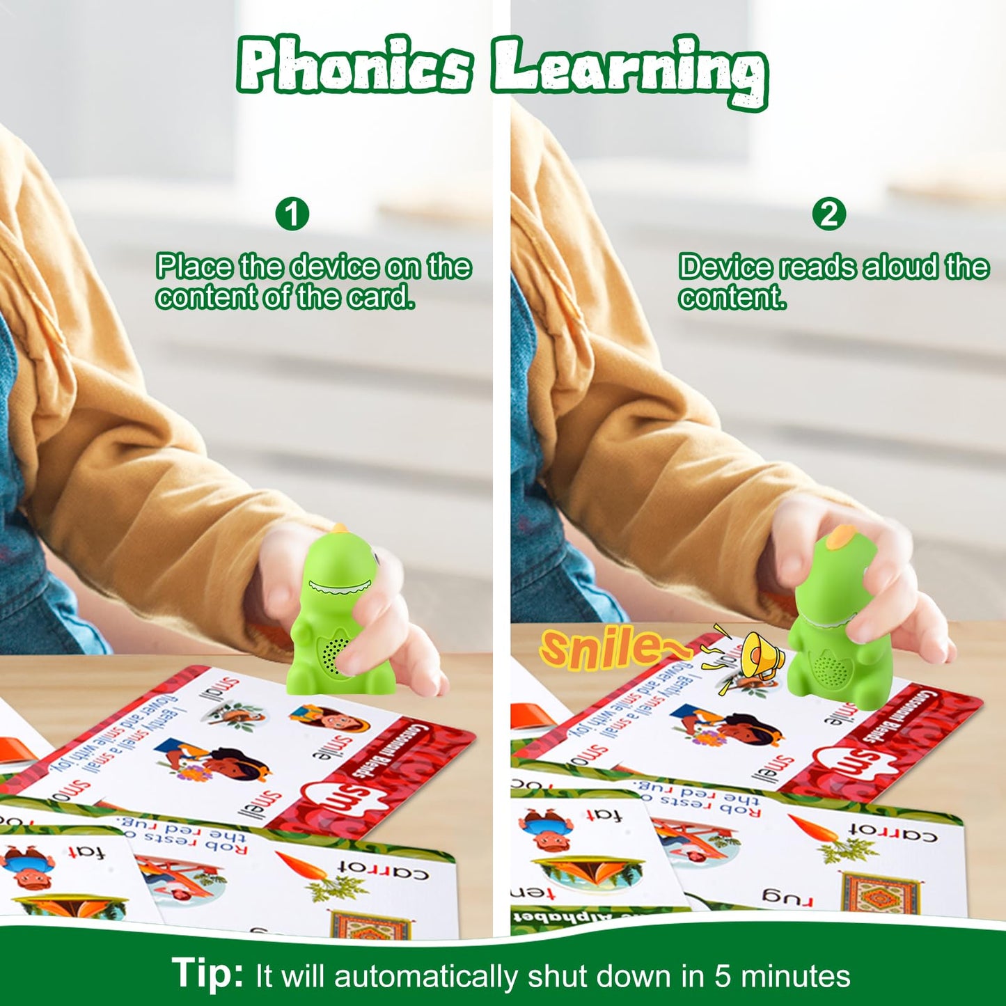 Speech Therapy Sensory Toy, Talking Dinosaur Phonics Reader With 74 Double-Sided Phonics Flash Cards & 6 Theme Stickers, Interac