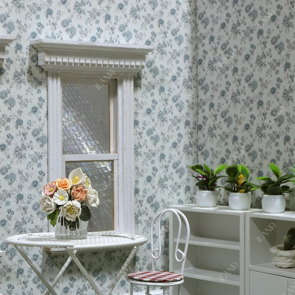 Iland Originality Dollhouse Wallpaper 39 * 15.7 Inch, Dollhouse Accessories On 1:12 Scale Or 1:6 Scale (Blue Rose)