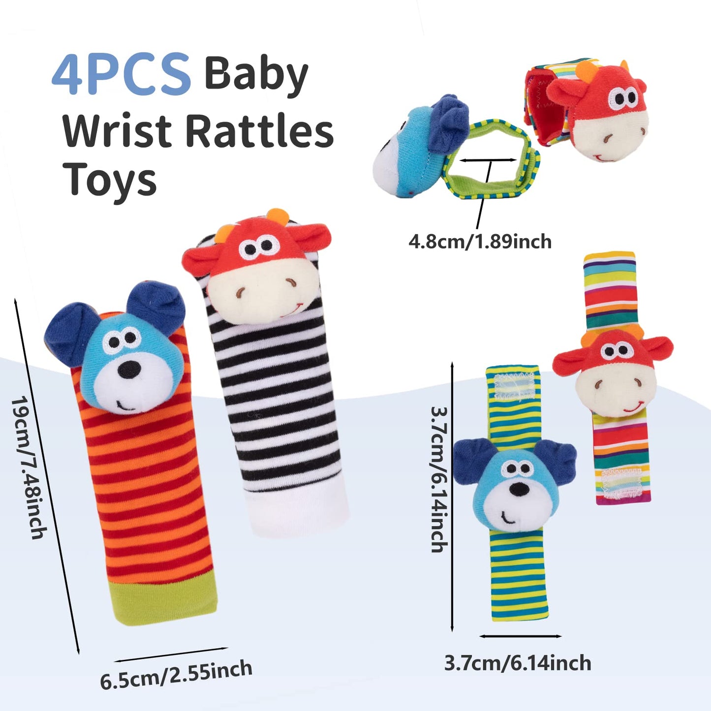 Padonise 4 Pack Baby Wrist Rattles Rattle Socks Set Baby Socks Animals Development Toys For Toddlers 1-3 Early Learning Toys For Babies Infant Sensory Toys Newbron Gift Set Birth Gifts For Baby