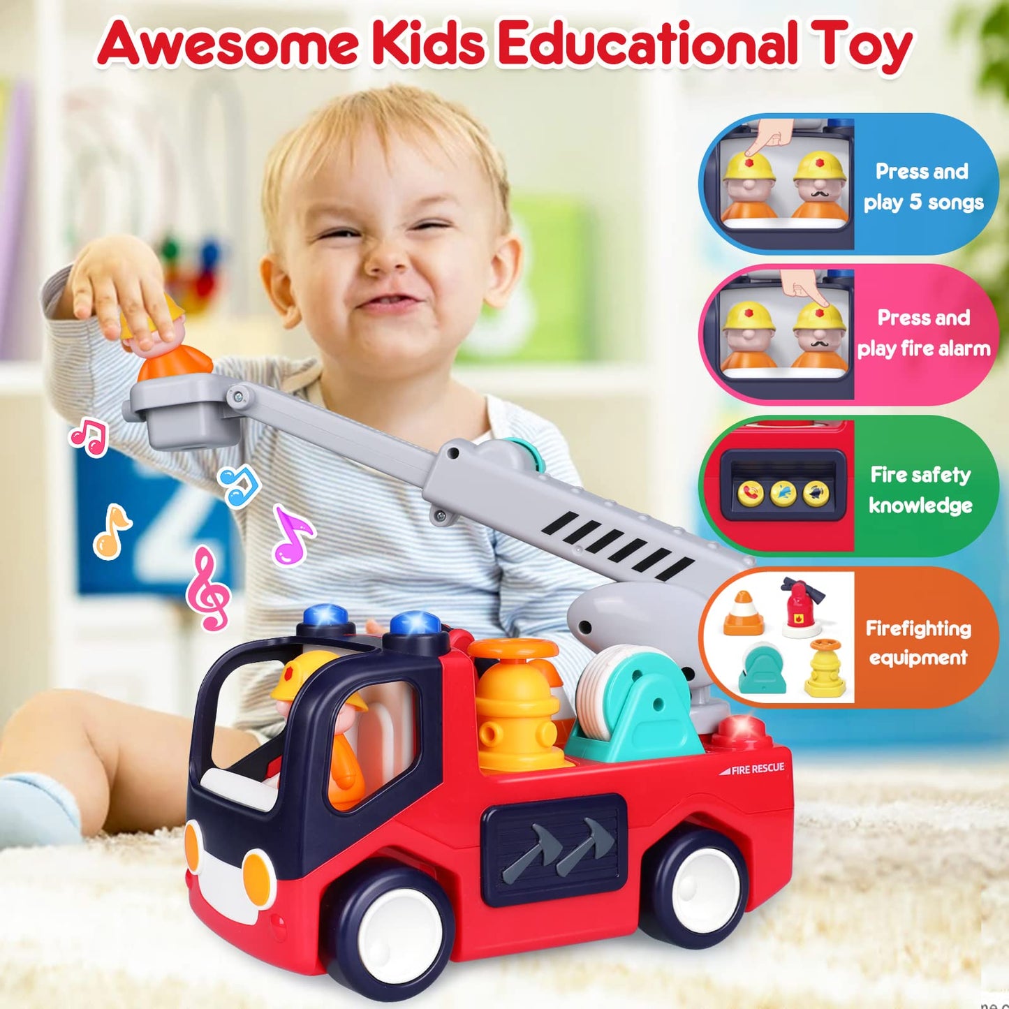 Baby Toys 12-18 Months Musical Fire Truck Toys For 1 Year Old Boys Girls Early Educational Learning Toy With Firefighting Tools/Music/Light Baby Toy Cars For 1 2 3 Year Old Boy Birthday Gifts