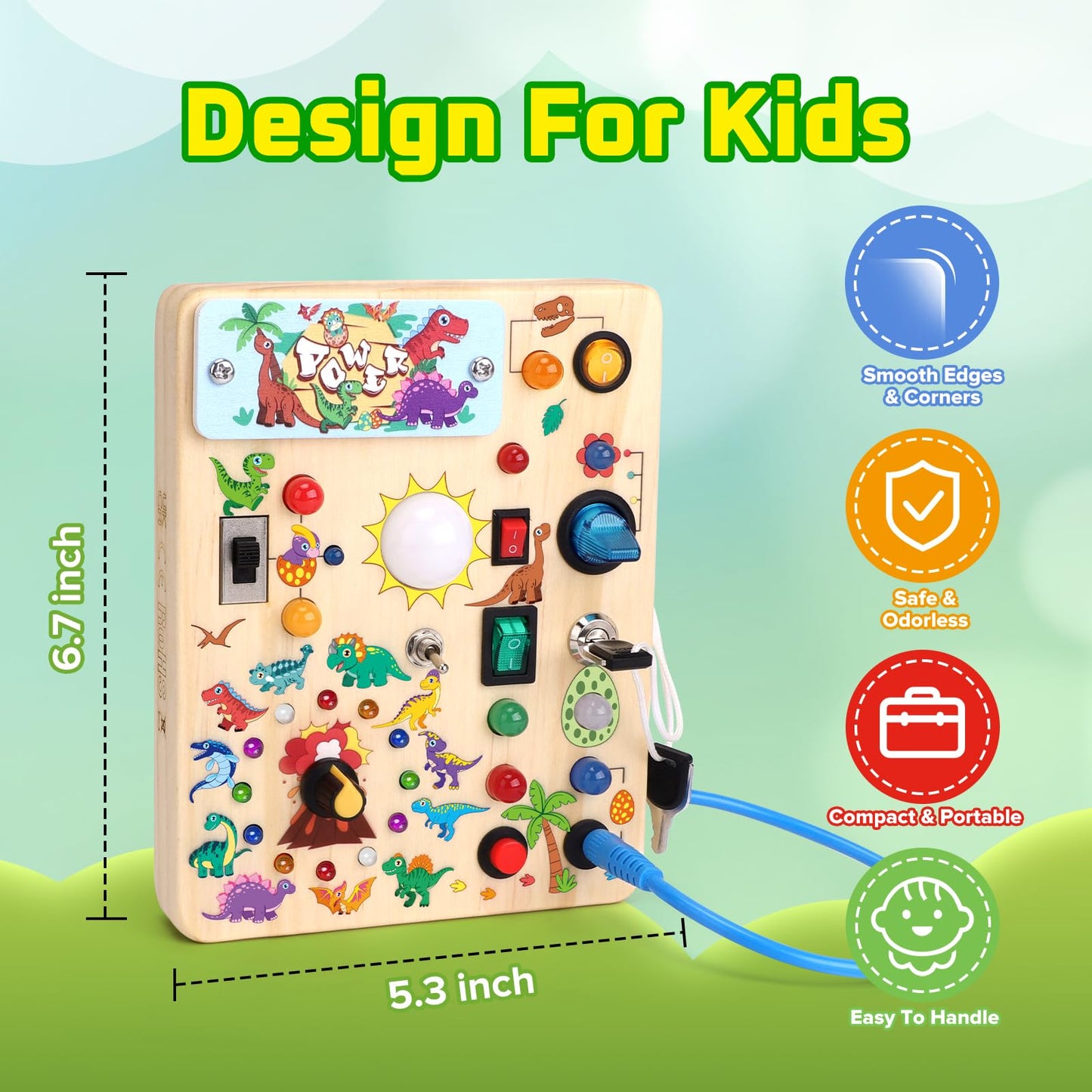 Wakeinsa Toddler Busy Board,Montessori Toys For 1-3 Years Old,Baby Sensory Board,Wooden Learning Toys,Christmas & Birthday Gift For Boys & Girls (Dinosaur Busy Board V2)