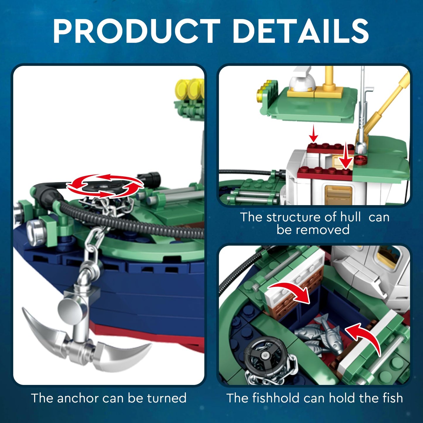 Vziimo Fishing Boat Building Blocks Set, City Marine Theme Model Kit For Ocean Exploration And Sea Lovers, Boat Ship Toys For Kids Boys Girls (582 Pcs)