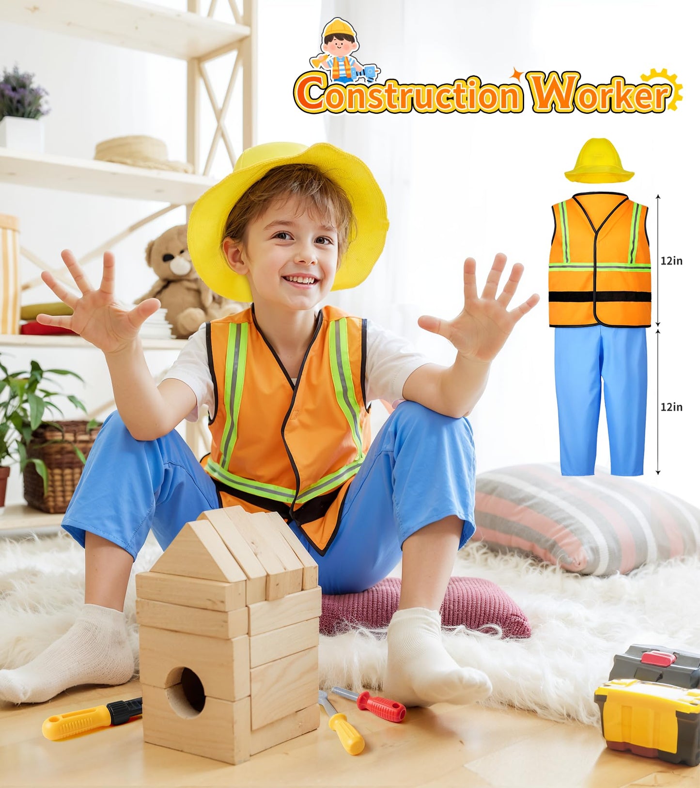 Jeowoqao Kids Dress Up Costumes Set, 11pcs Role Play Trunk for Ages 3-6, Multicolored Pirate, Chef, Construction, Policeman