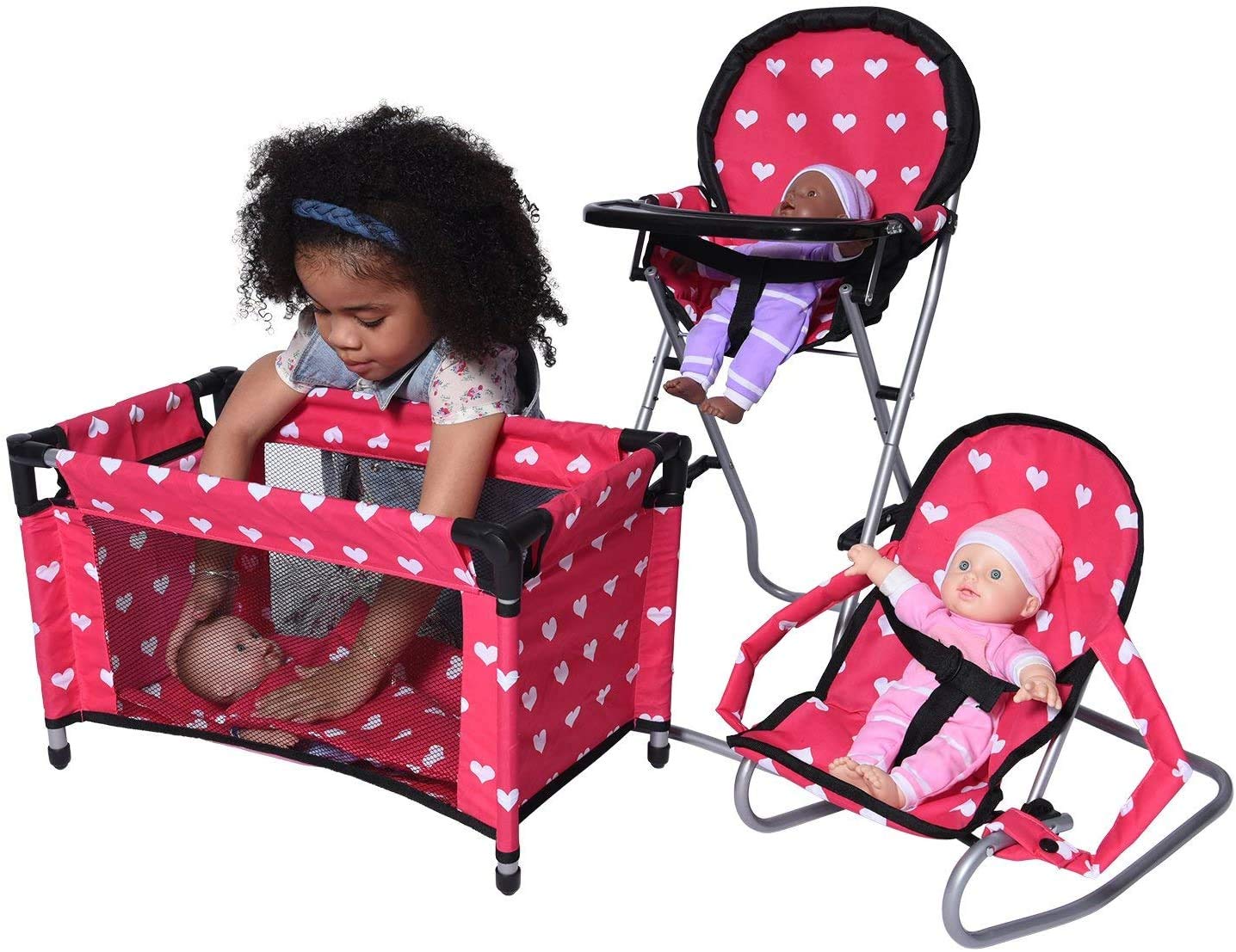 The New York Doll Collection Mega Play Set for 18-Inch Dolls, Pink Hearts, Includes High Chair, Doll Bouncer & Pack N Play, Model A178