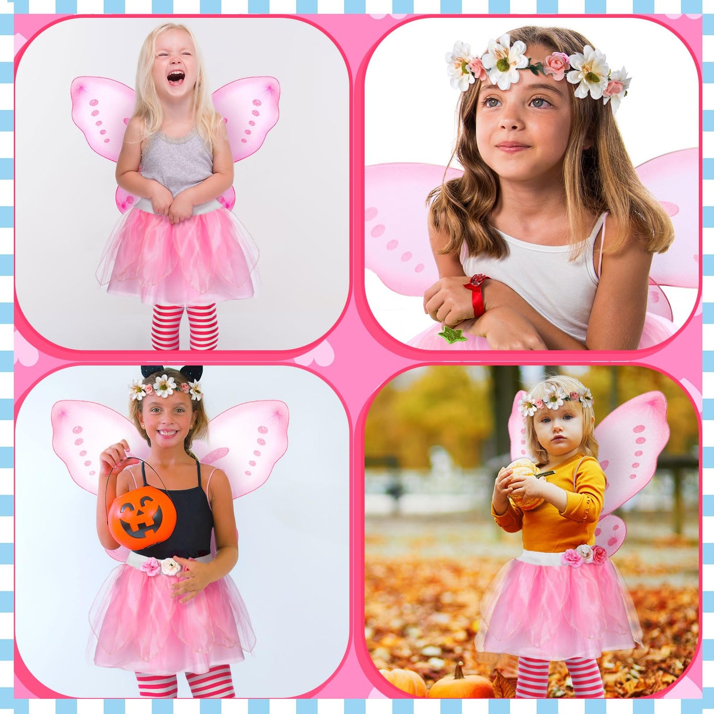 Newcotte 4 Pcs Halloween Girls Costume Includes Wings Tutu Headband Striped Tights For Kids Toddler Halloween(Pink Fairy)