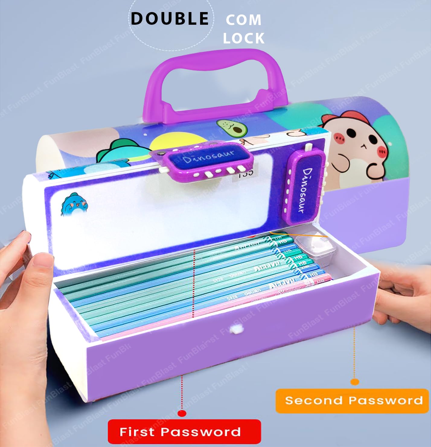 Funblast Dinosaur Pencil Box Suitcase Style Password Lock Pencil Case, Multi-Layer Pencil Box Kids, Boys, Girls, Stationary Orga