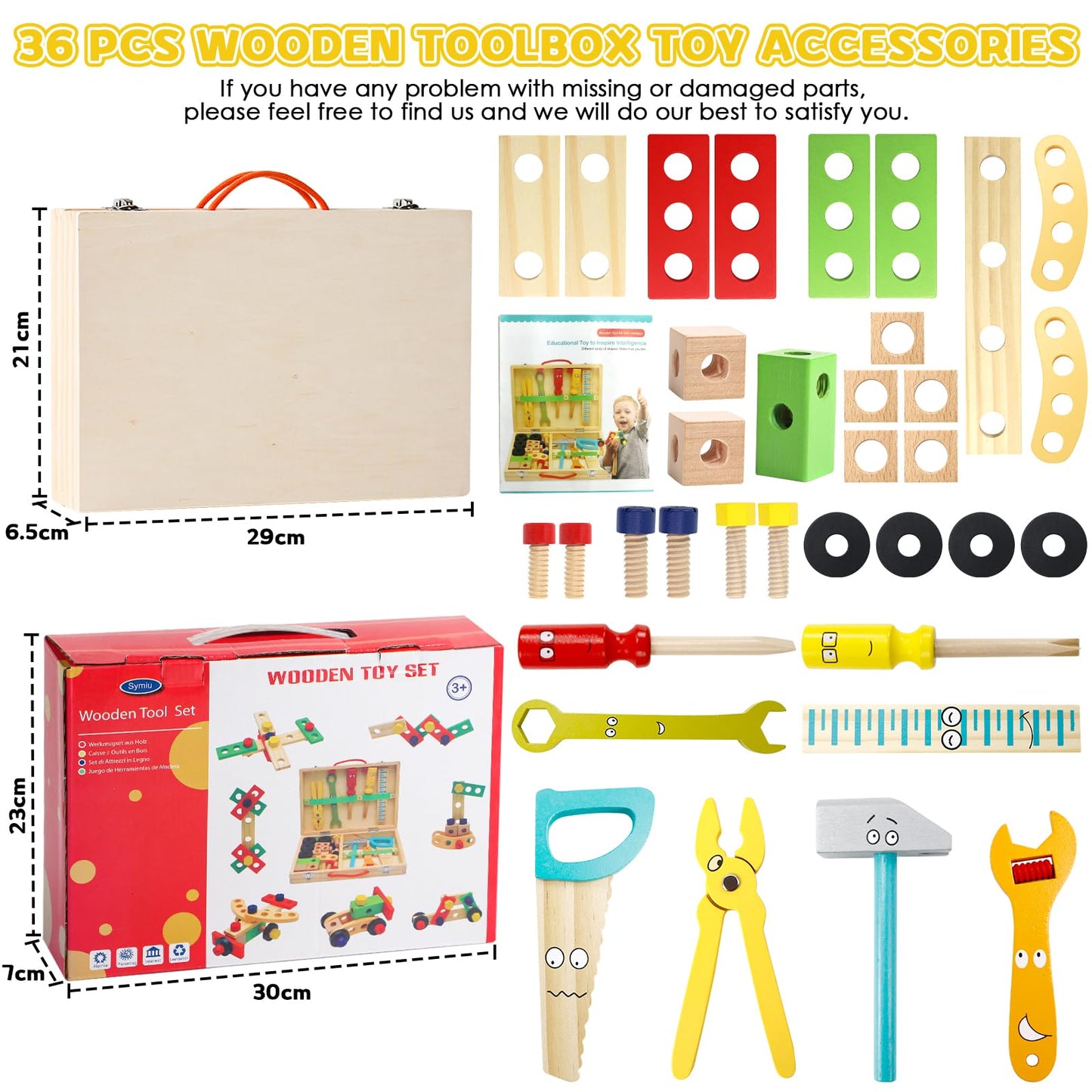 TONZE Kids Tool Set - 34 PCS Wooden Montessori Tools for 3-4 Year Olds, Educational STEM Toys, Red, Medium Size