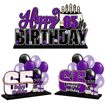 Lingteer Happy 65Th Birthday Purple Acrylic Table Topper Centerpieces Set - Cheers To 65 Years Old Birthday 65Th Bday Party Gift Decorations.
