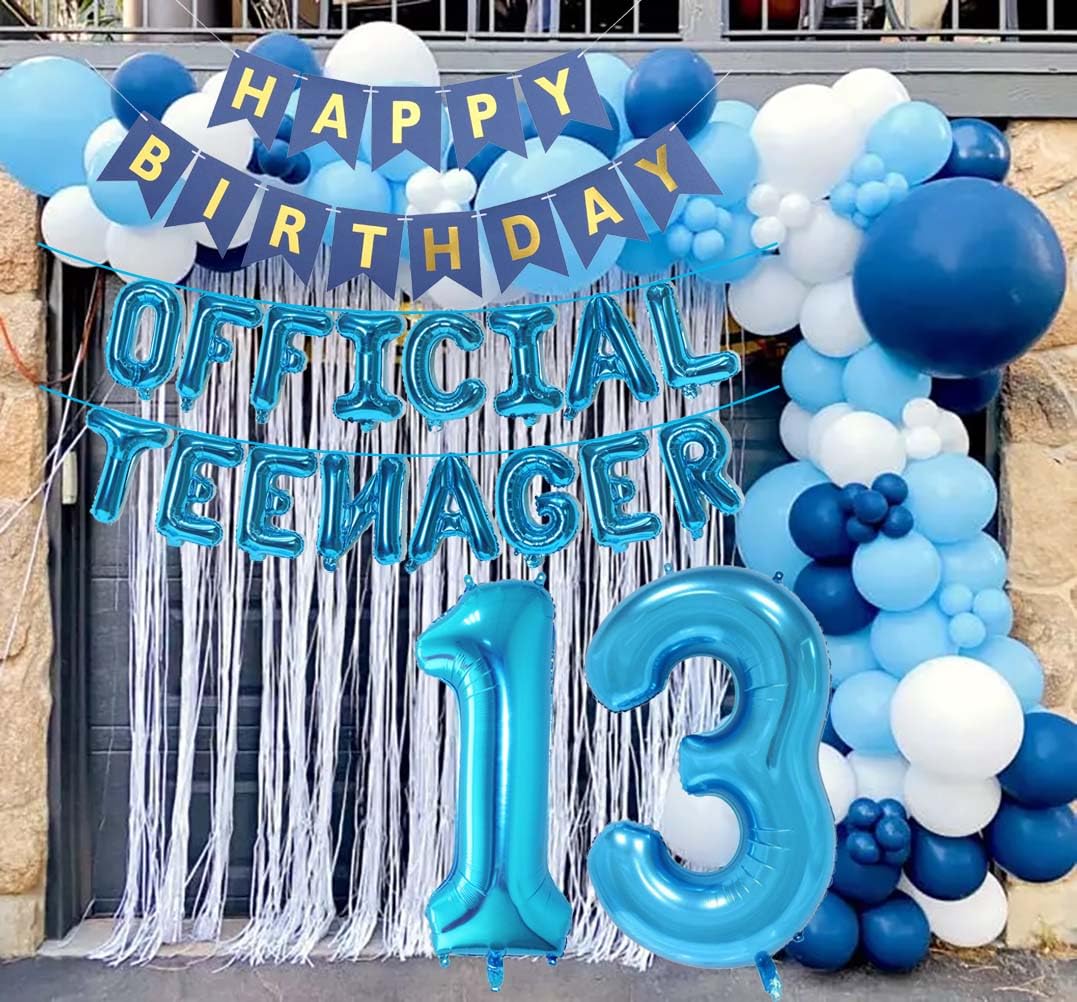 Official Teenager 13th Birthday Decorations for Boys Girls, Blue Banner Number 13 Birthday Foil Balloons for 13 Years Old Birthd