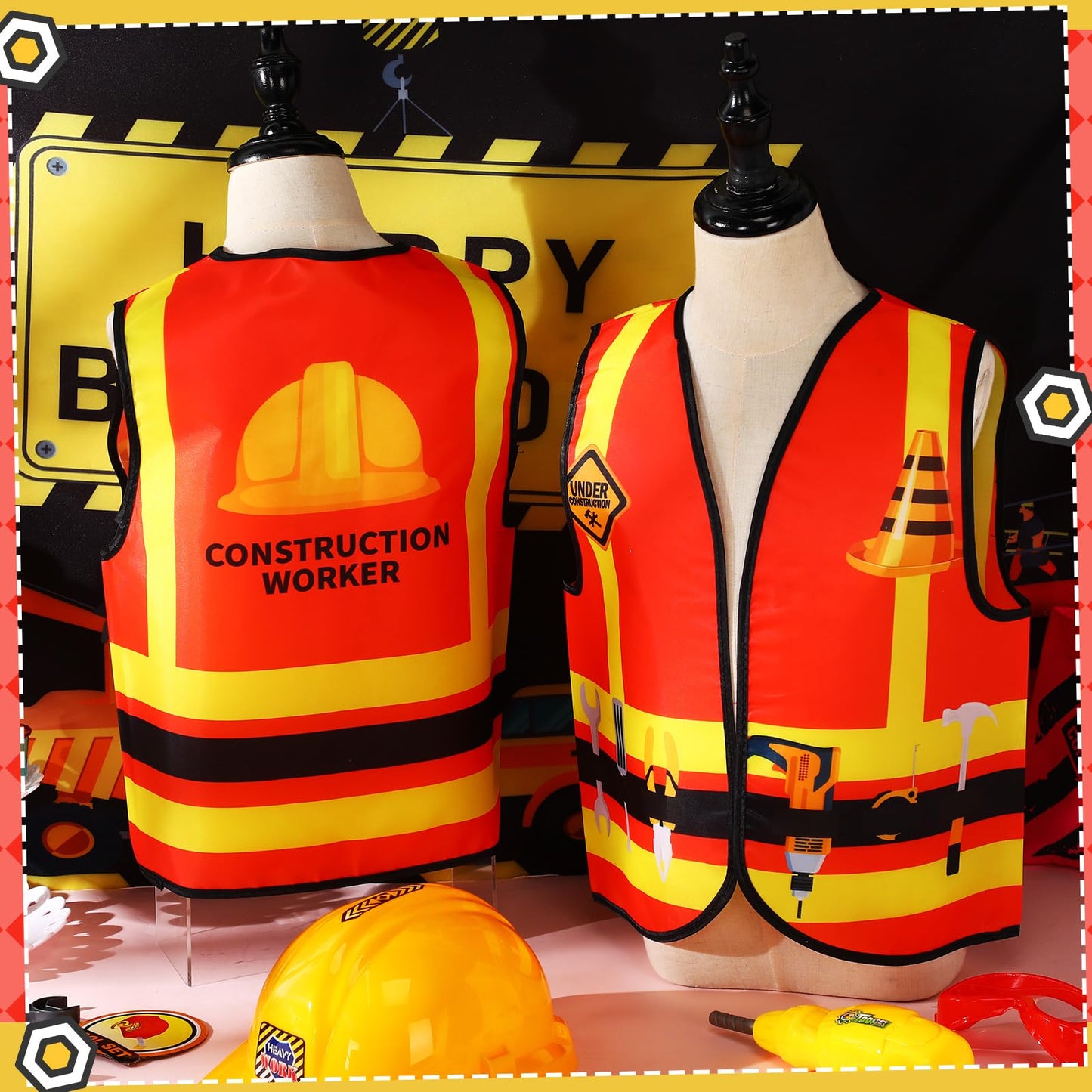 Panitay 12 Pcs Kids Community Helper Dress Up Vest Career Cosplay Cloth Toddlers Occupation Role Play Costume Supplies (Construc