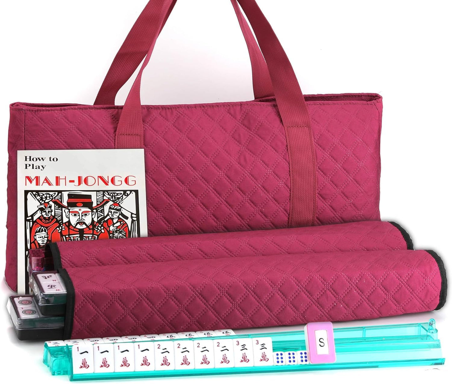 Mose Cafolo American Mahjong Game Set - Red (Burgundy) Quilted Soft Bag - 166 White Engraved Tiles  4 All-in-One Rack/Pushers Complete Western Mah-Jongg  Maj Jongg  Ma Jong Set