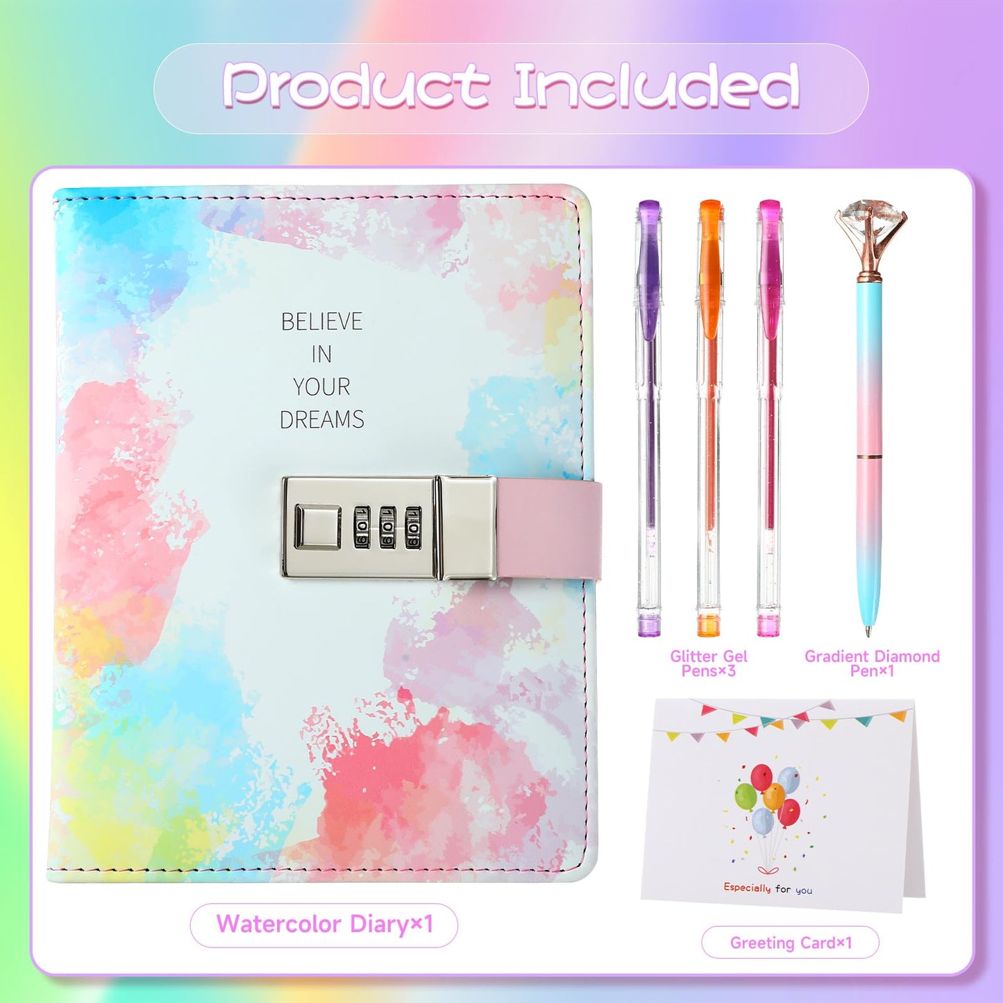 Sicbanna Diary With Lock For Girls Ages 8 9 10 11 12 Year Old, Kid Secret Notebook Locked Diary With Pens, 256 Pages Trendy Watercolor Journal With Lock For Teen Girls 8-12 Birthday Gift