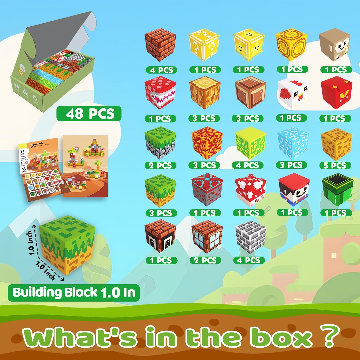 Magnetic Blocks Building Toys for Kids, 48 PCS Magnetic Blocks for Kids Ages 4-8, 1 Magnet Cubes, STEM Sensory Toys for Boys & G