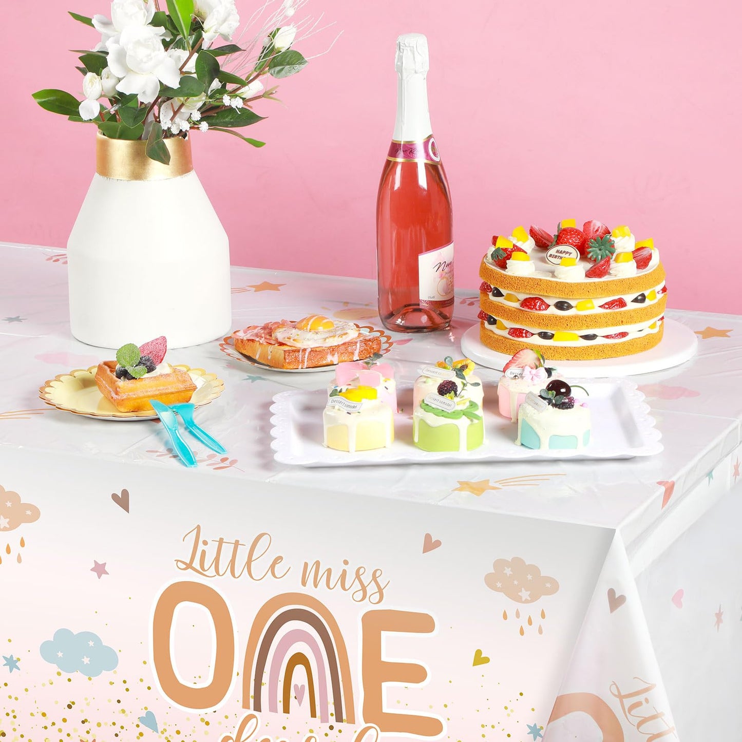 Tiamon 3 Pcs Boho 1st Birthday Tablecloth Decorations 108 x 54 Inch Plastic Rainbow Table Cover Little Miss Onederful Table Clot