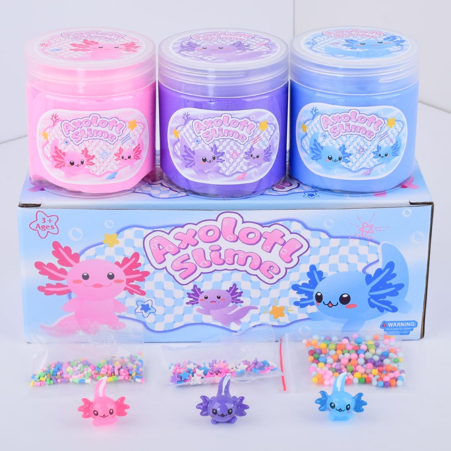3 Pack Axolotl Butter Slime, Slime Kit with Pink, Blue, Purple Axolotl Charms, Soft and Stretchy, Slime Party Favor for Girls &