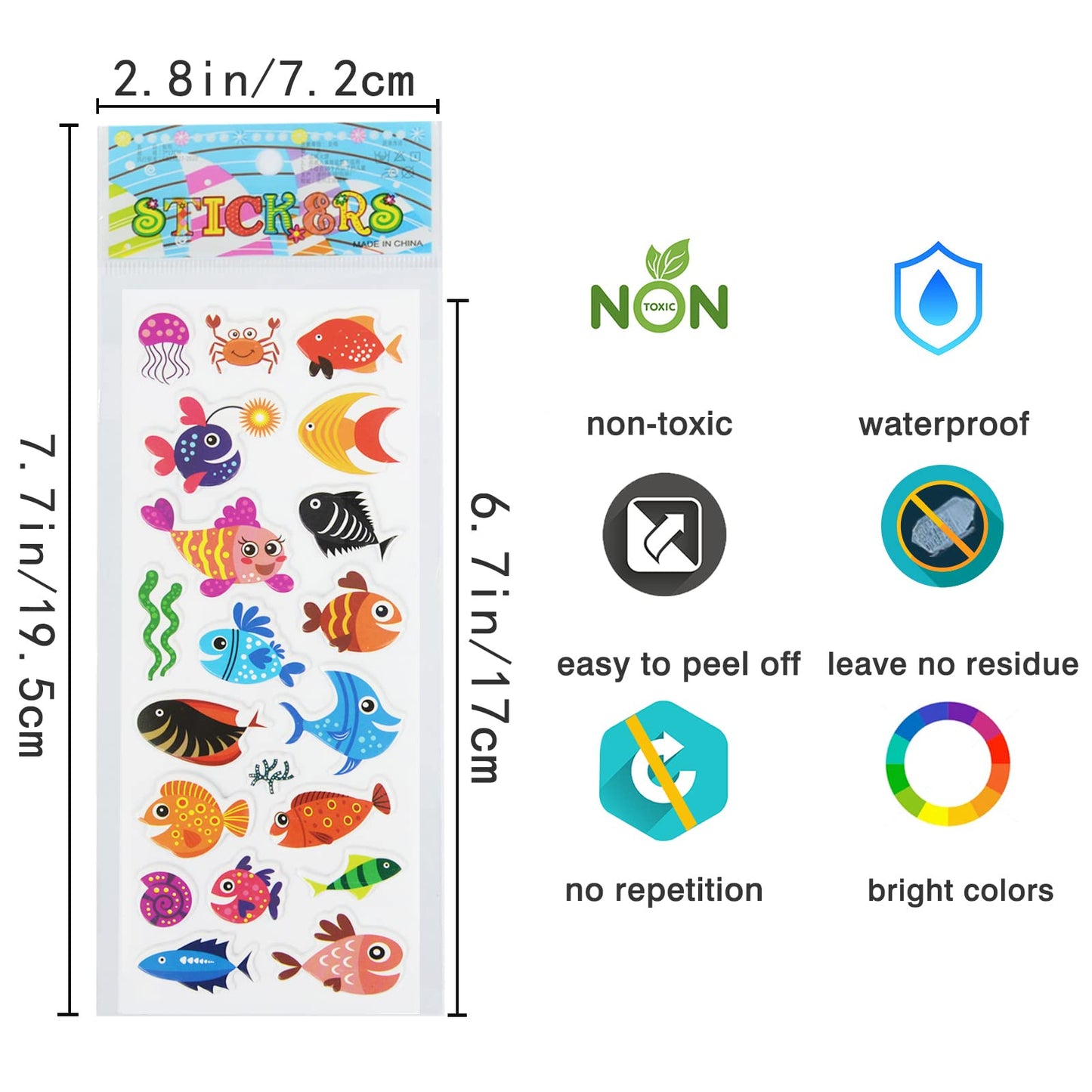 24 Sheets(400+) Fish 3D Puffy Stickers For Toddlers Kids, Bulk Preschool Sticker Sheets For Reward, Craft, Scrapbooking
