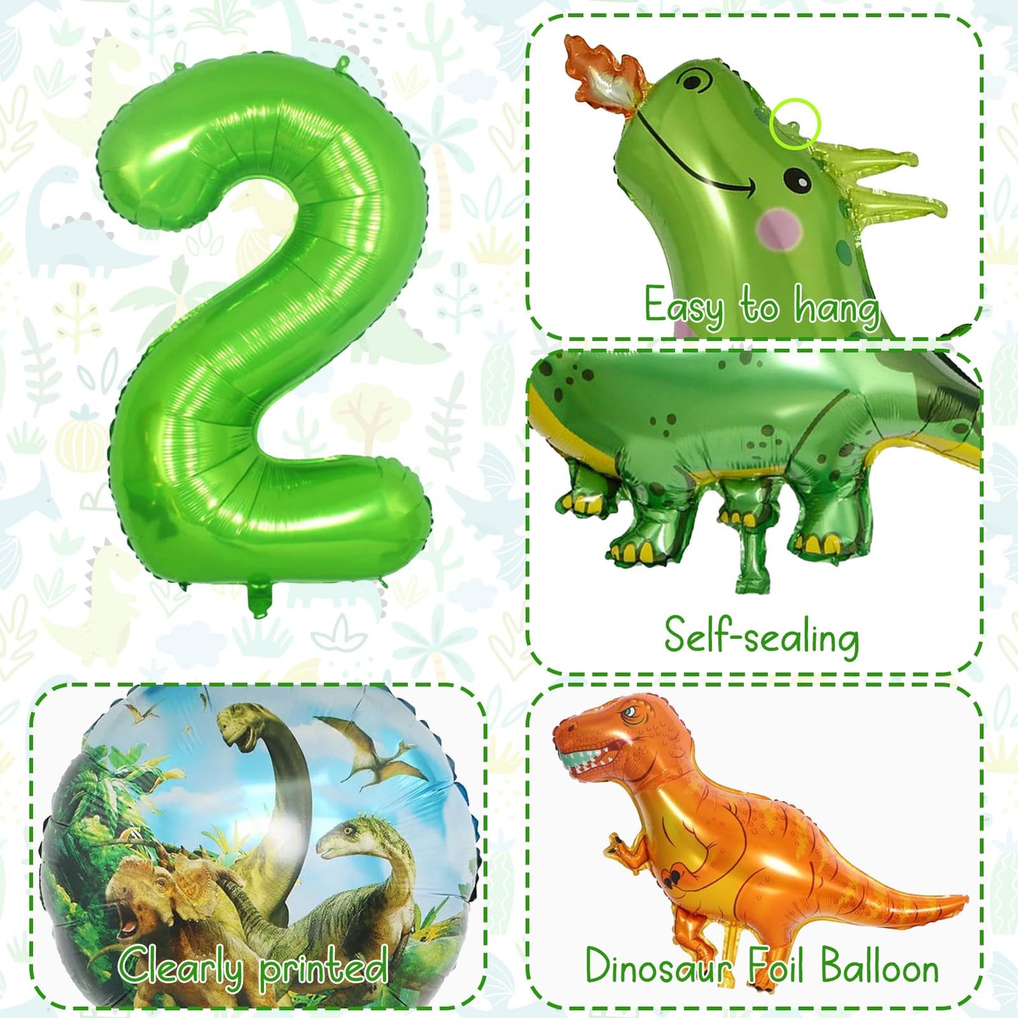 Dinosaur Balloons 2Nd Birthday Decorations, Dinosaur Birthday Party Decorations With Giant Inflatable Dino Balloons 40 Inch Helium Foil Mylar Number 2 Balloons For Dino Theme Birthday Party Decoration