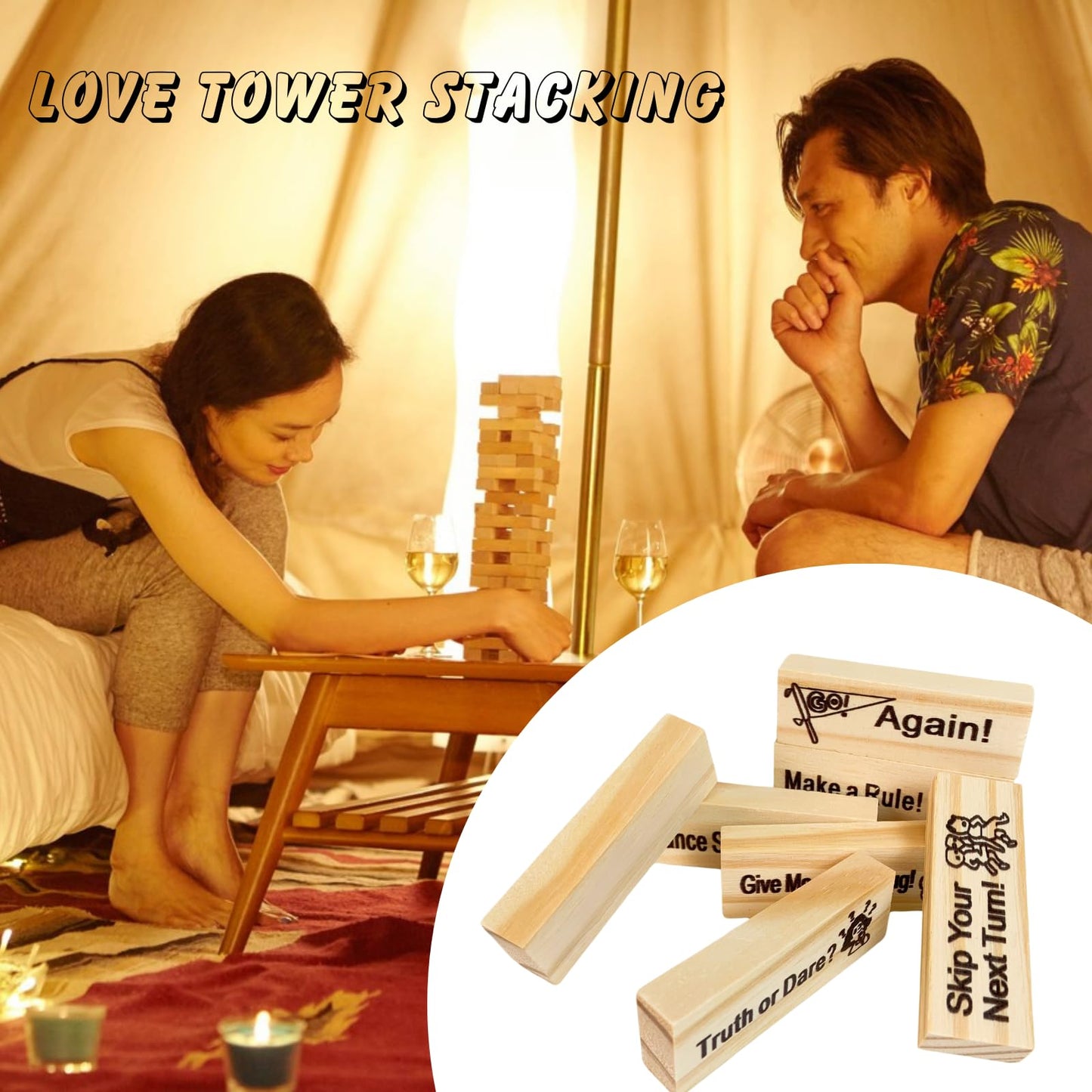 Childphilo Tumble Tower Blocks Game For Adults, Valentine 48Pcs Couples Date Night Wood Stacking Game Blocks For Girlfriend, Boy