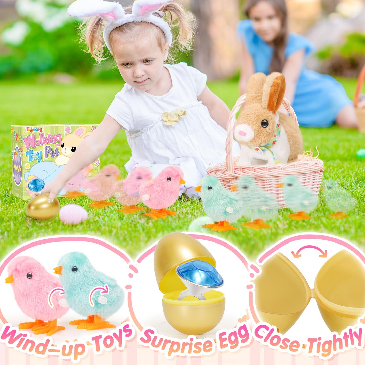 Tagitary Plush Easter Bunny Toys For Kids,Hopping Interactive Rabbit With Leash,Golden Egg,And Wind Up Toys,That Making Sounds,W