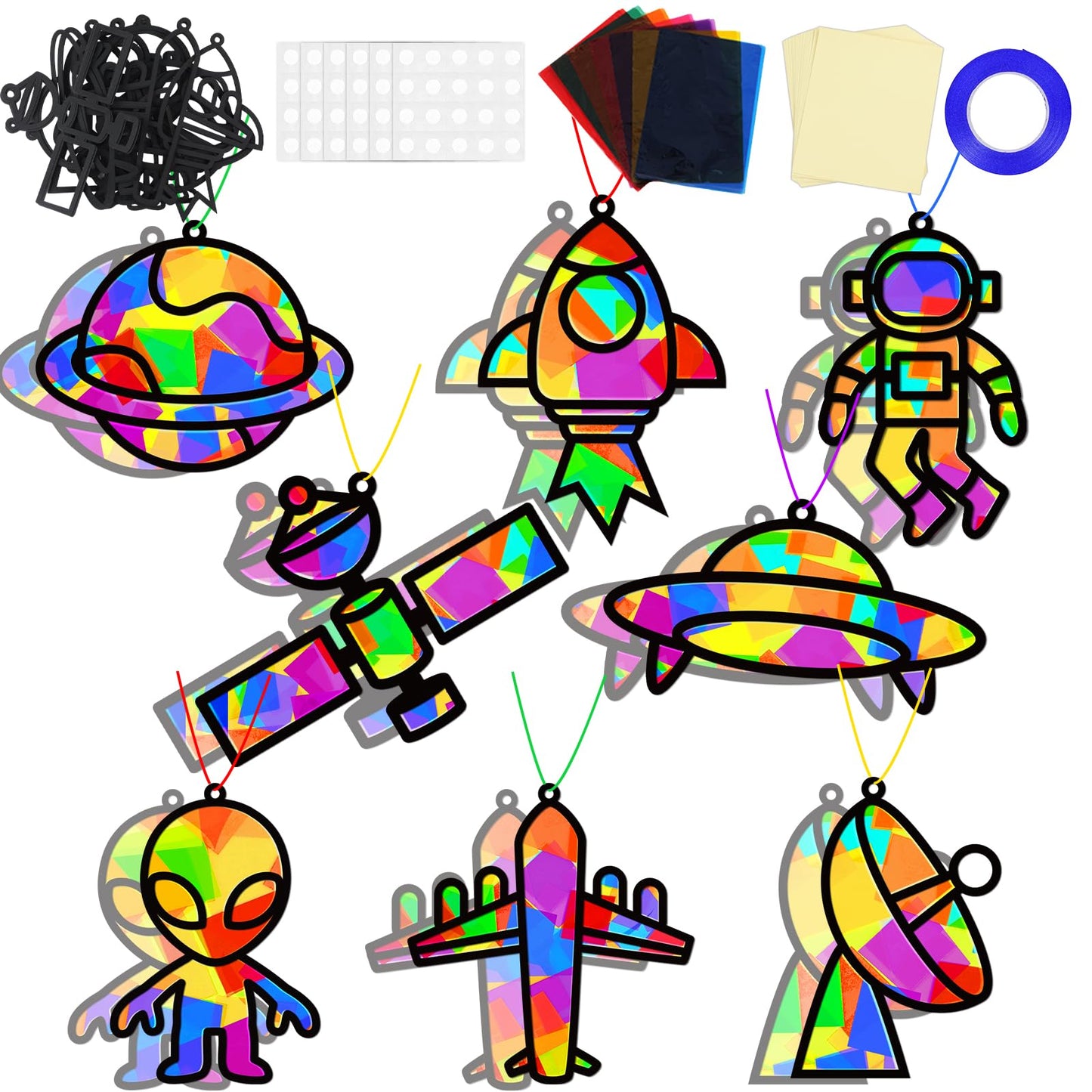 32 Sets Outer Space Suncatchers Craft Kit DIY Window Stained Glass Effect Planet Astronaut Alien Paper Crafts Home School Classr