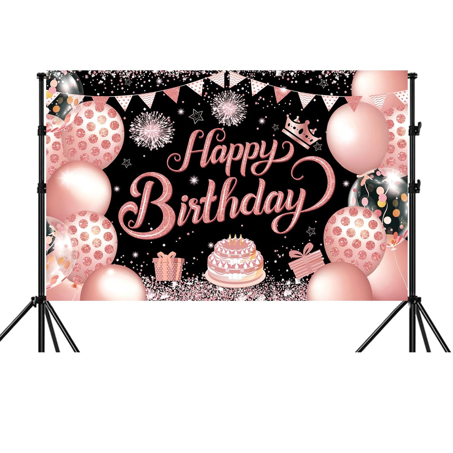 YinQin 180x120 cm Black Rose Gold Happy Birthday Party Backdrops Cloth 71x47 in. Glitter Rose Gold Birthday Photography Backgrou