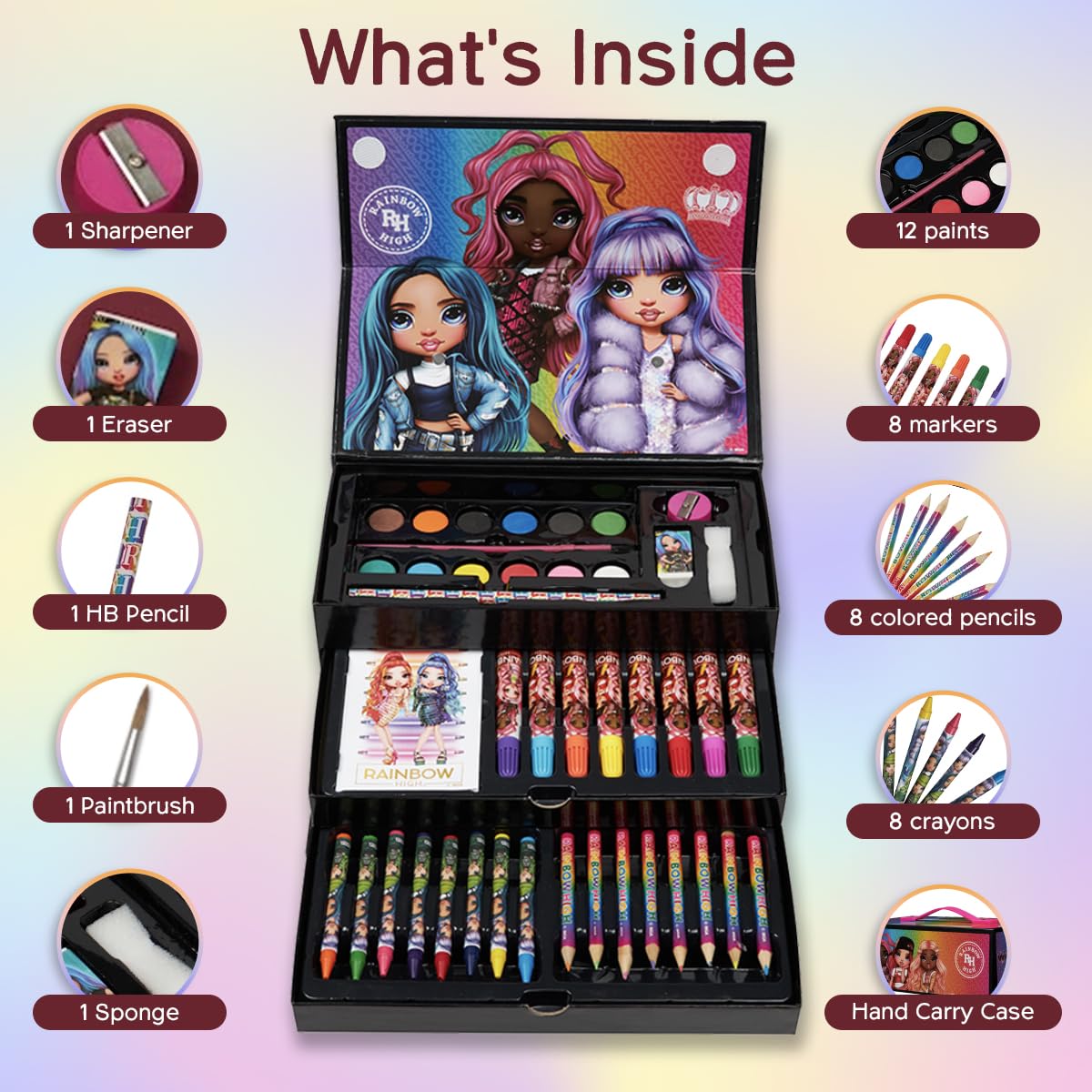 Rainbow High Colored Pencils Art Supplies Kids Drawing Kit Coloring Book Crayons Markers Drawing Pencils Art Kit Travel Case Gif