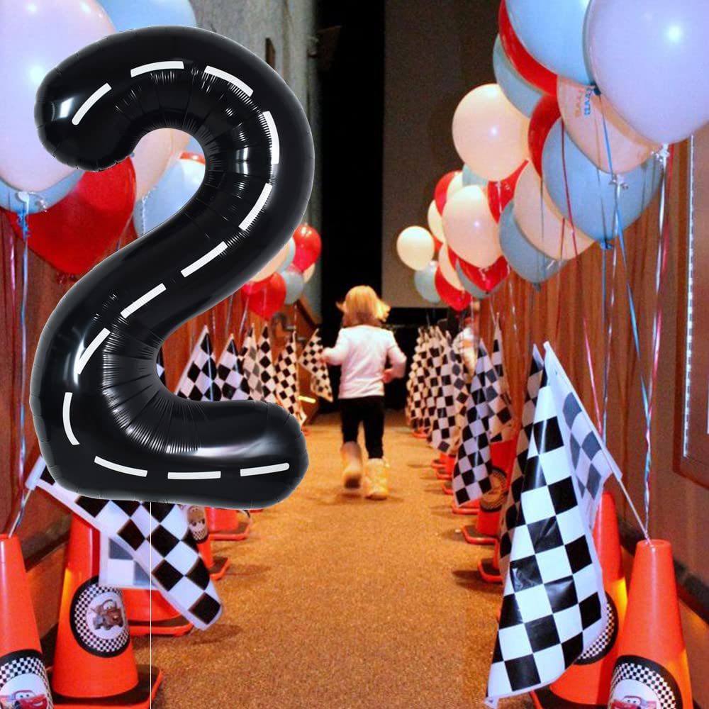 Toniful Race Car Black Balloons Car Birthday Party Supplies,40 Inch Giant Jumbo Helium Foil Mylar Big Number 2 Digital 2 Balloon