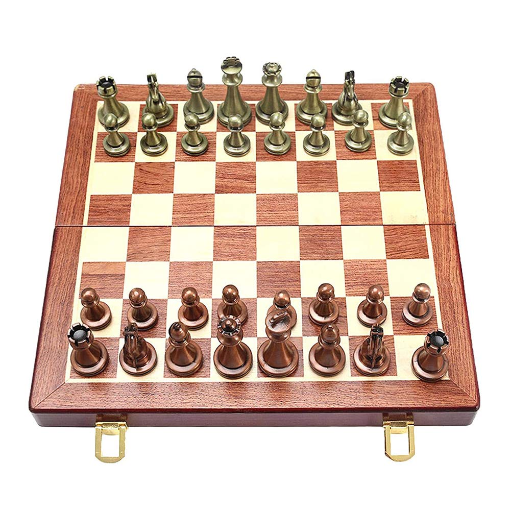 Large Metal Deluxe Chess Retro Copper Plated Alloy Chess mature-themed Set Board Game Portable Wooden Box Storage Folding  2 Players Chess Set