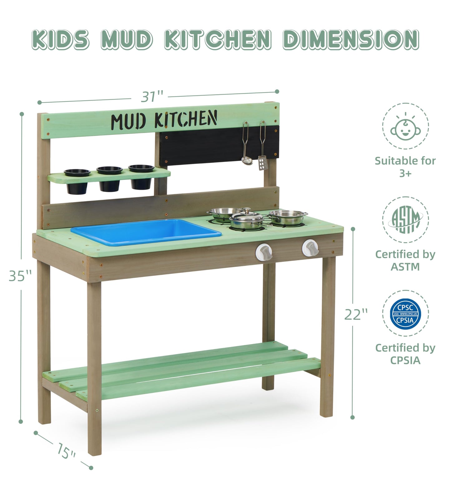 Mederra Kids Play Kitchen, Wood Mud Kitchen with Water Play Set & Cooking Toys for Outdoor, Gift for 3~8