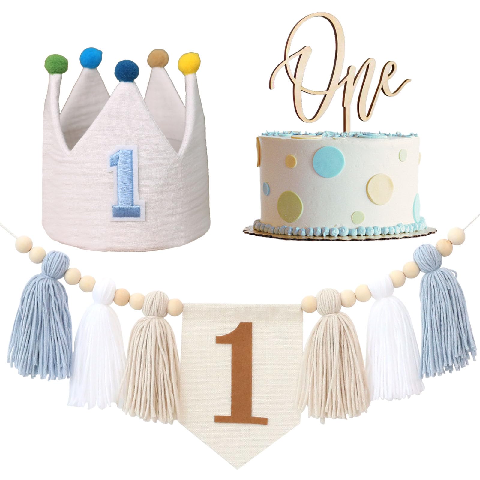 Baby Boy 1St Birthday Party Decorations For Handmade Tassel Garland Highchair Banner With Cake Topper Crown Hat