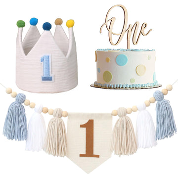 Baby Boy 1St Birthday Party Decorations For Handmade Tassel Garland Highchair Banner With Cake Topper Crown Hat