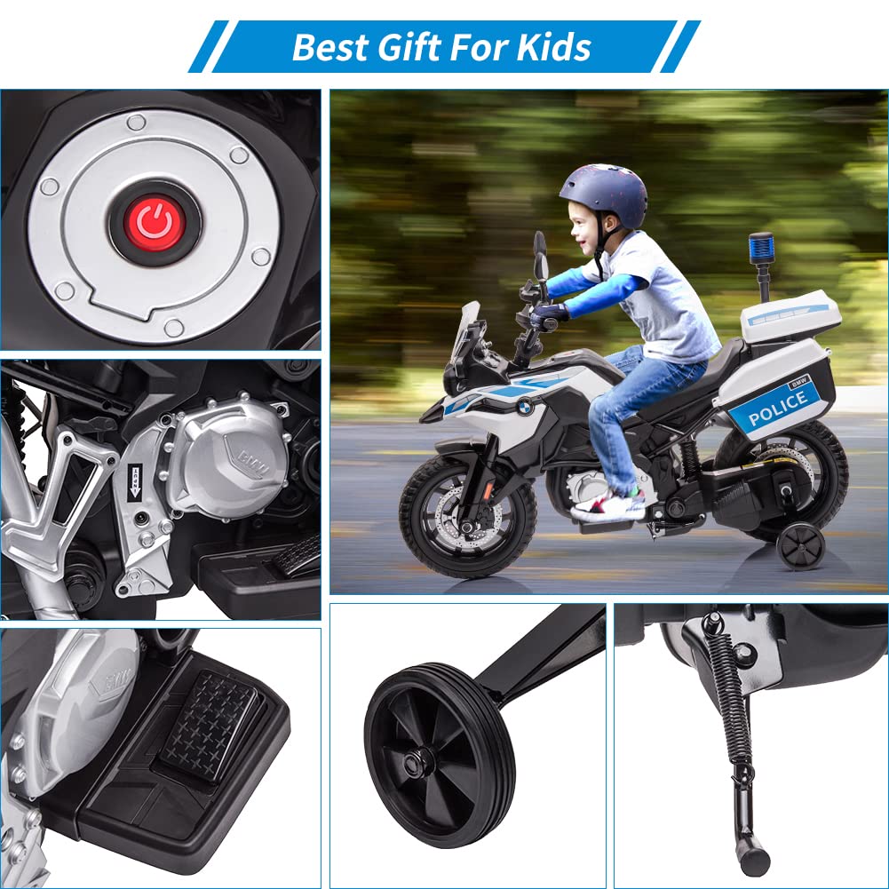 12V 7Ah Kids Motorcycle, Ride On Police Motorcycle, Licensed Bmw Kids Car With High/Low Speed, 2 Storage Boxes,Warning Lights An