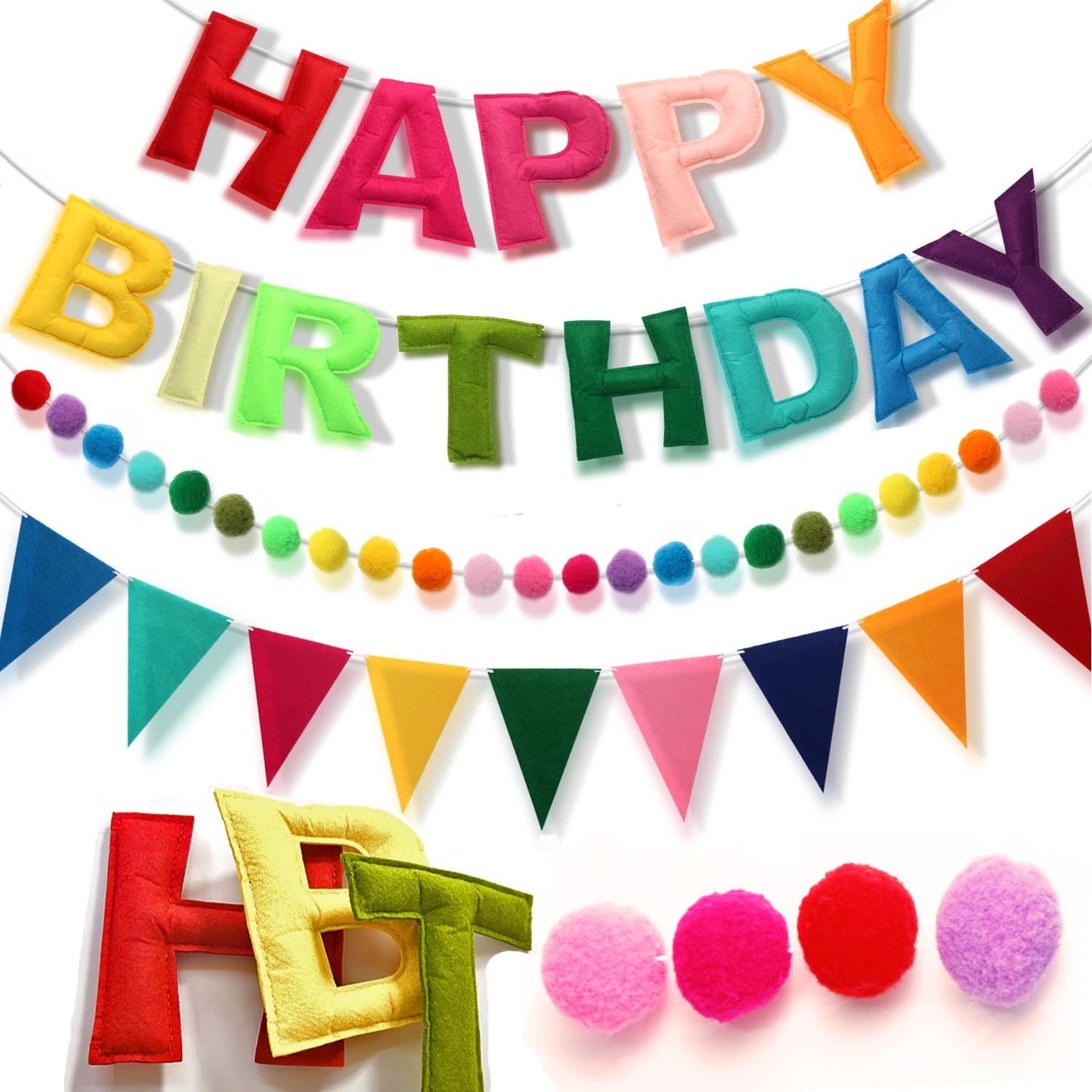 Pre-Strung Happy Birthday Banner, Felt Ball Garland HAPPY BIRTHDAY Garland, Rainbow Birthday Decorations Birthday Decor Party Pe