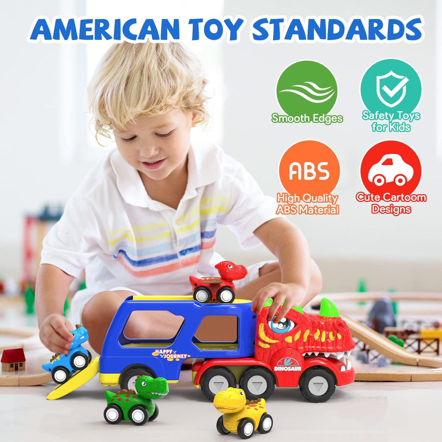 HEGUD Toddler Car Toys for 1 2 3 4 5 Year Old Boy, 5-in-1 Dinosaur Vehicle Trucks Toys for Toddlers 1-3 with Sounds & Lights Toy