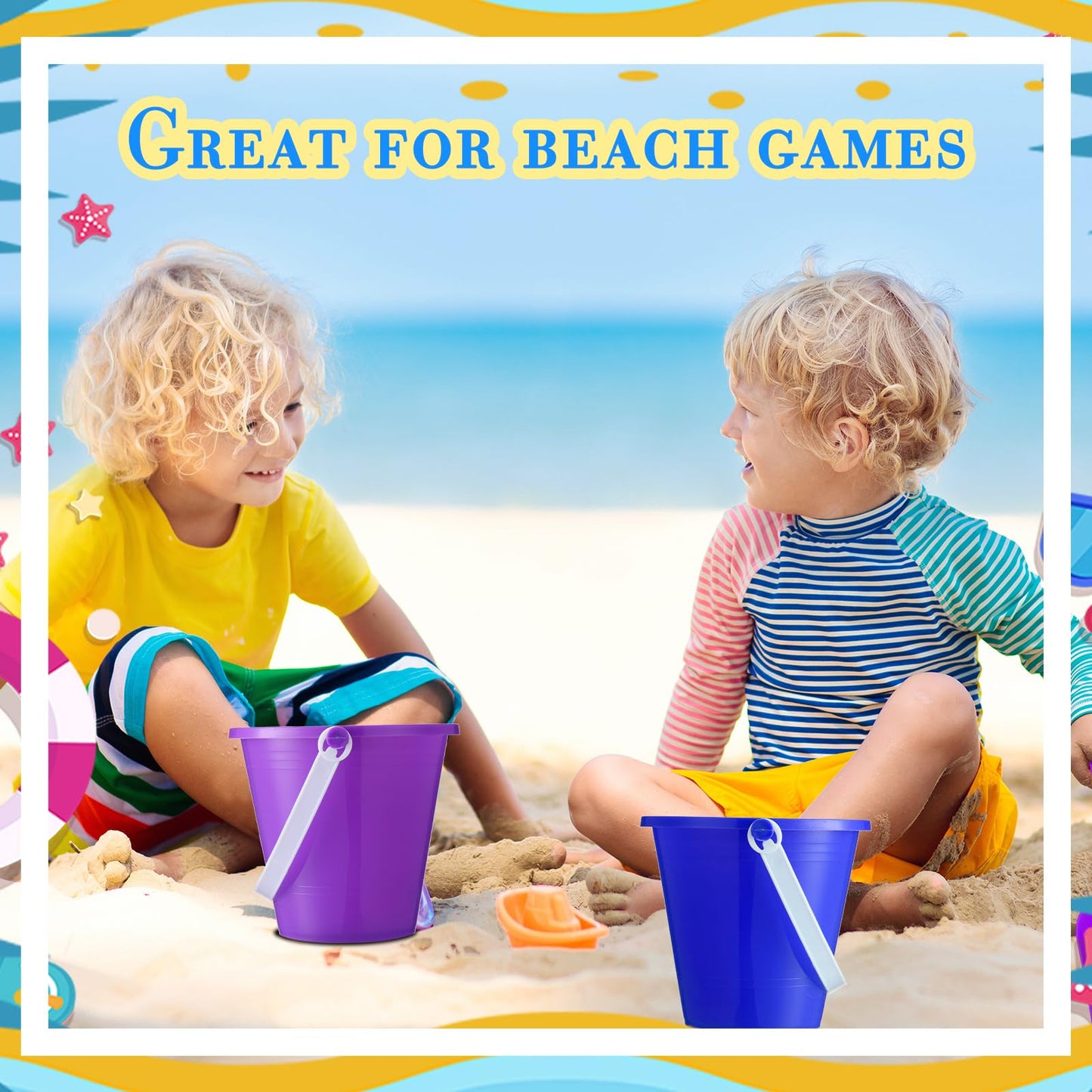 Sratte Beach Sand Buckets and Shovels Sets for Boys Girls, Plastic Beach Pails Sand Toys for Summer Pool Party Favors