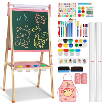 YOHOOLYO Kids Easel Wooden Children Art Easel Paper Roll,Double Sided Magnetic Whiteboard Chalkboard Dry Eraser Adjustable Heigh
