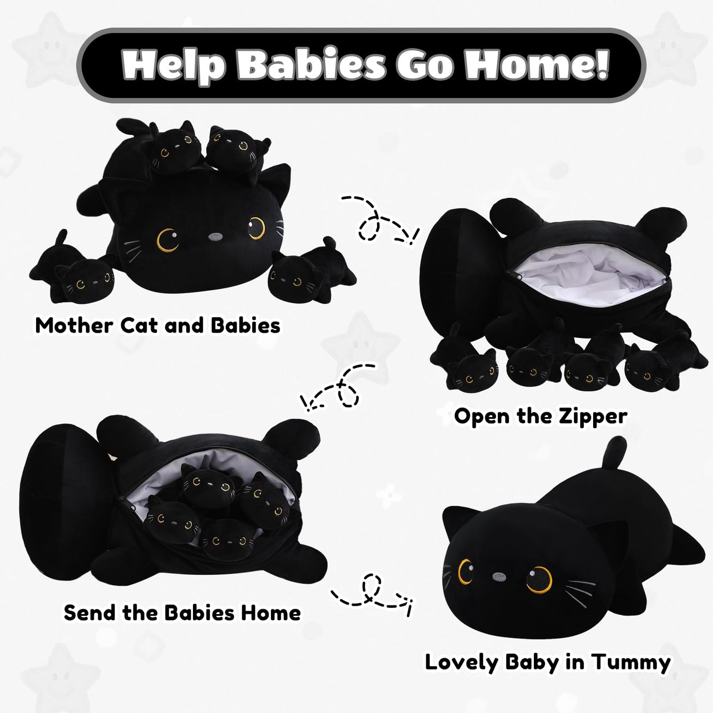 Sqeqe Black Cat Mommy Stuffed Animal With 4 Babies Cat In Her Tummy, Cute Black Cat Plush Toys For Kids, Gifts Ideal For Christm