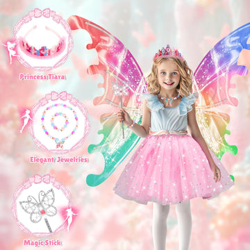 Princess Dress Up Costume With Electric Fairy Wings For Girls, Light Up Moving Butterfly Wings With Led Lights&Music, Princess C