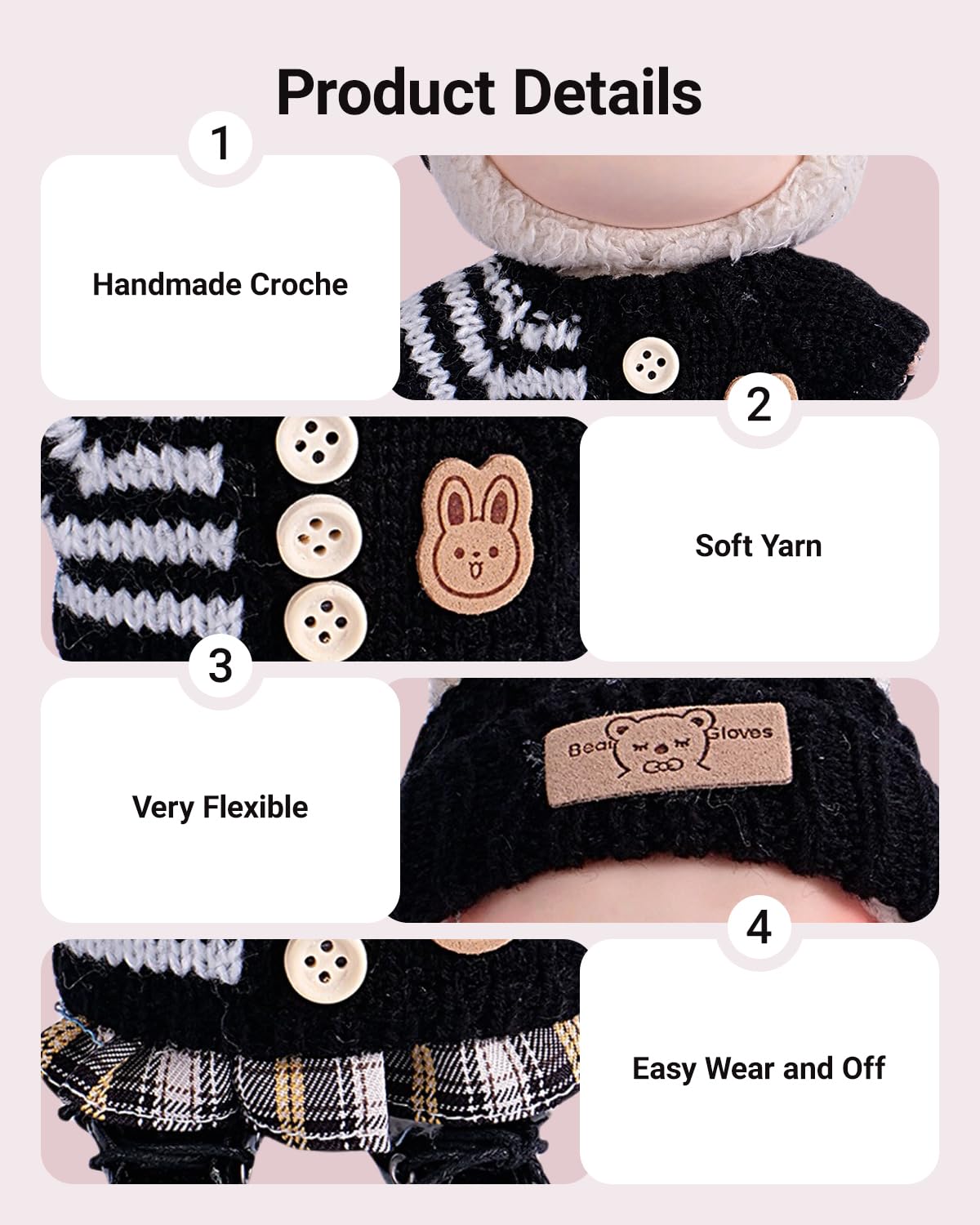 4 Piece Handcrafted Crochet Doll Clothes for 17cm/15cm Labubu Dolls (No Doll)  Cute and enhanced Outfits with Accessories  Hand Crocheted Hat  Sweaters  Skirt  Bag (Black) AK051